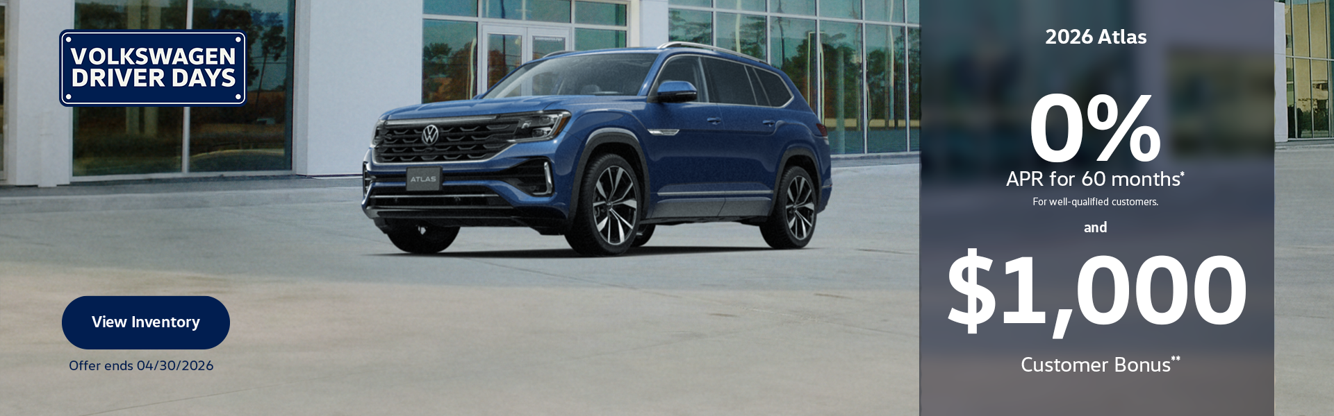 Atlas - 0%APR for 60 months and $1,000CB