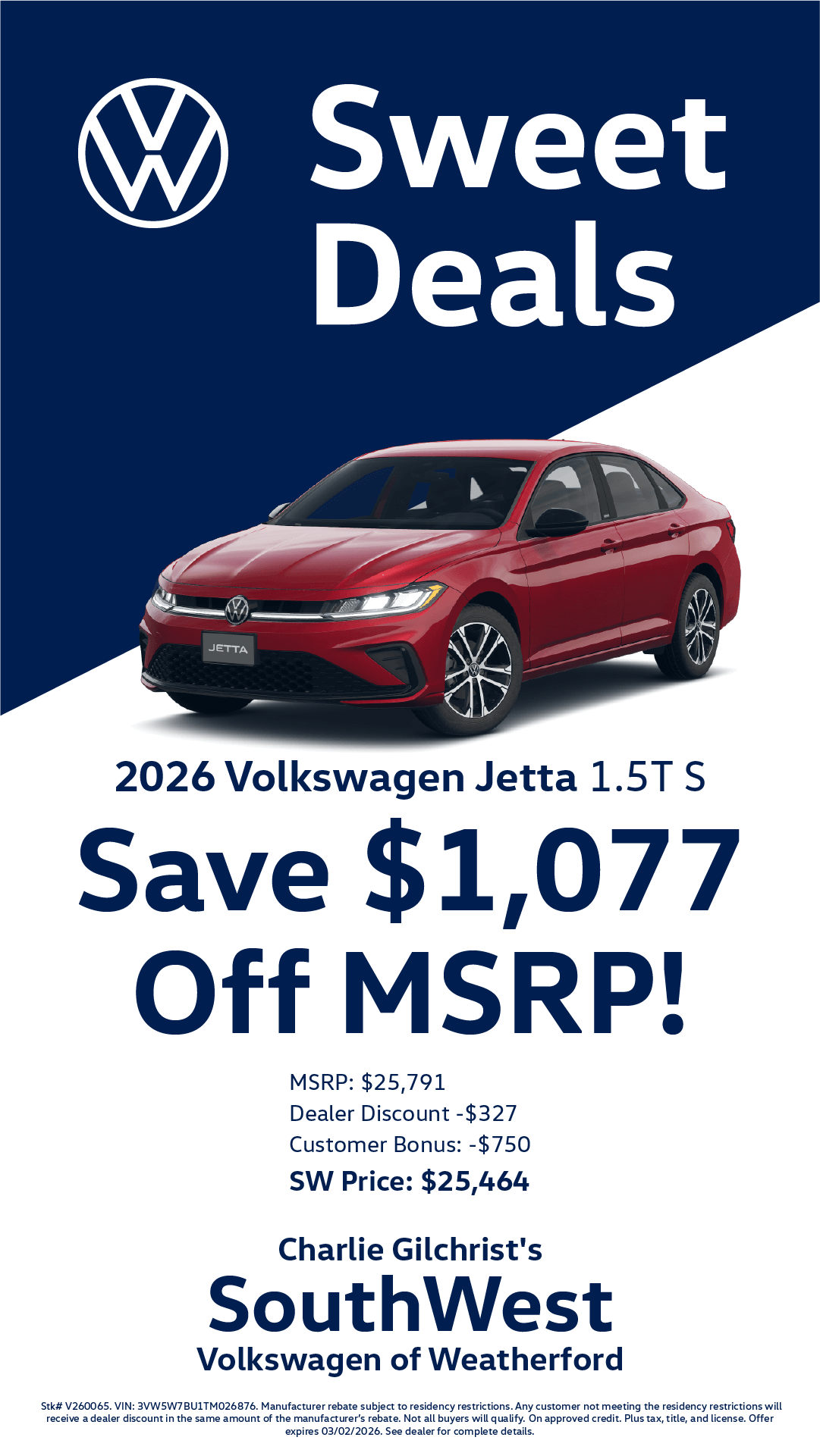Shop $1,077 Off MSRP on 2026 Volkswagen Jetta 1.5T S!