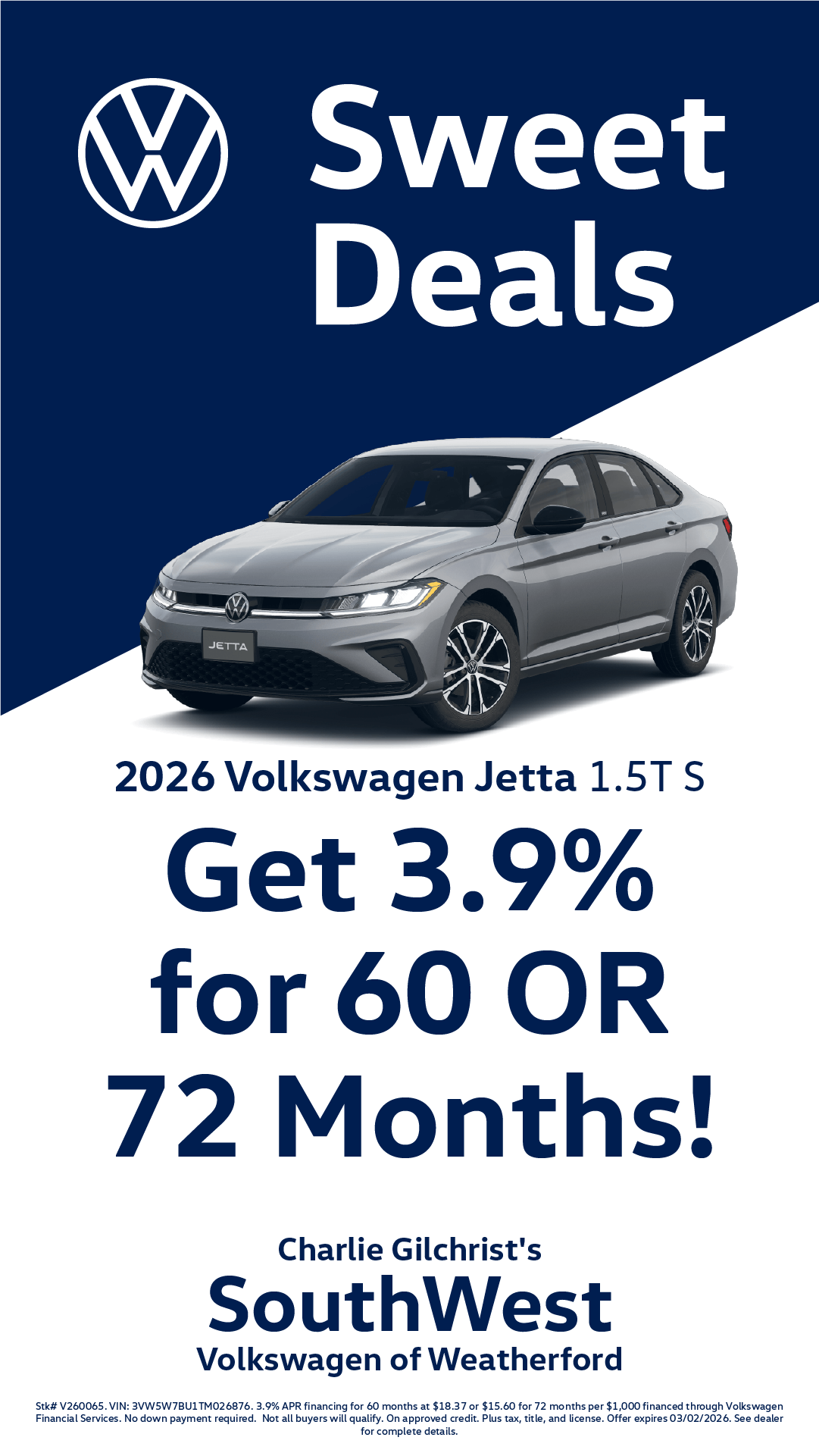 Shop 3.9% for 60 or 72 Months on 2026 Volkswagen Jetta!