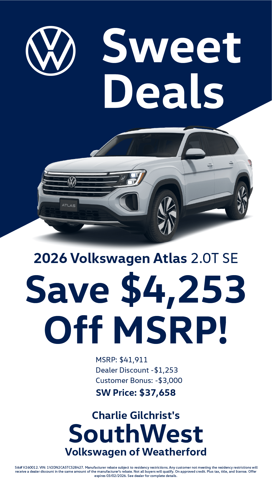 Shop $4,253 Off MSRP on 2026 Volkswagen Atlas 2.0T SE!