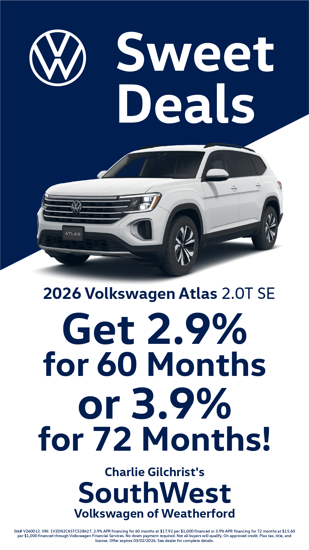 Shop 2.9% for 60 Months on 2026 Volkswagen Atlas 2.0T SE!