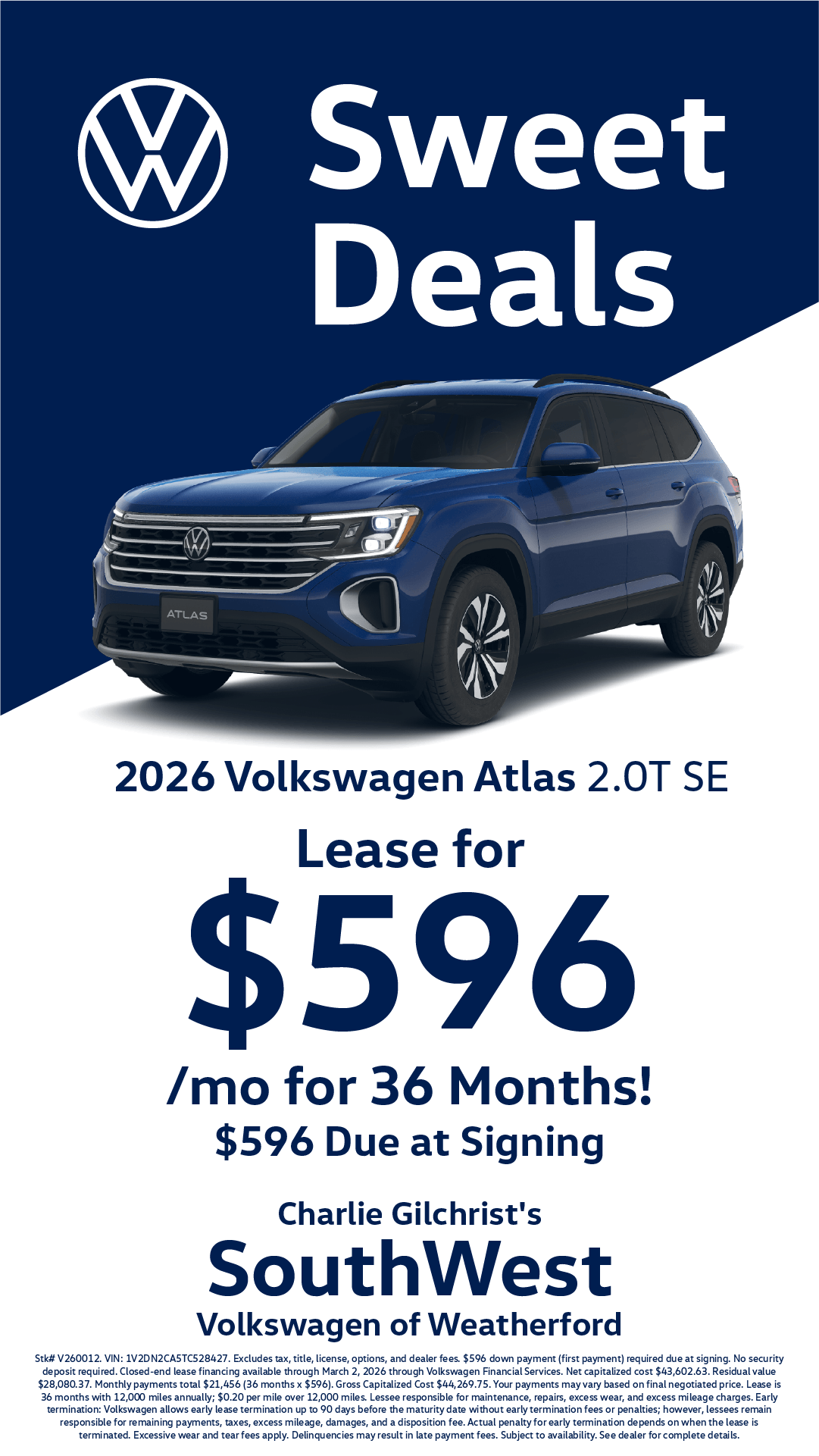 Shop $596/mo Lease Special on 2026 Volkswagen Atlas 2.0T SE!