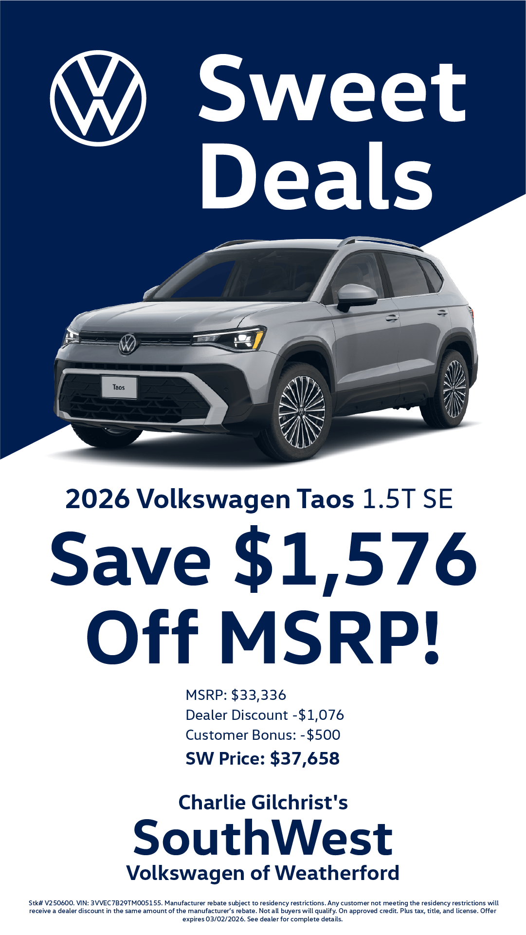 Shop $1,576 Off MSRP on 2026 Volkswagen Taos 1.5T SE!