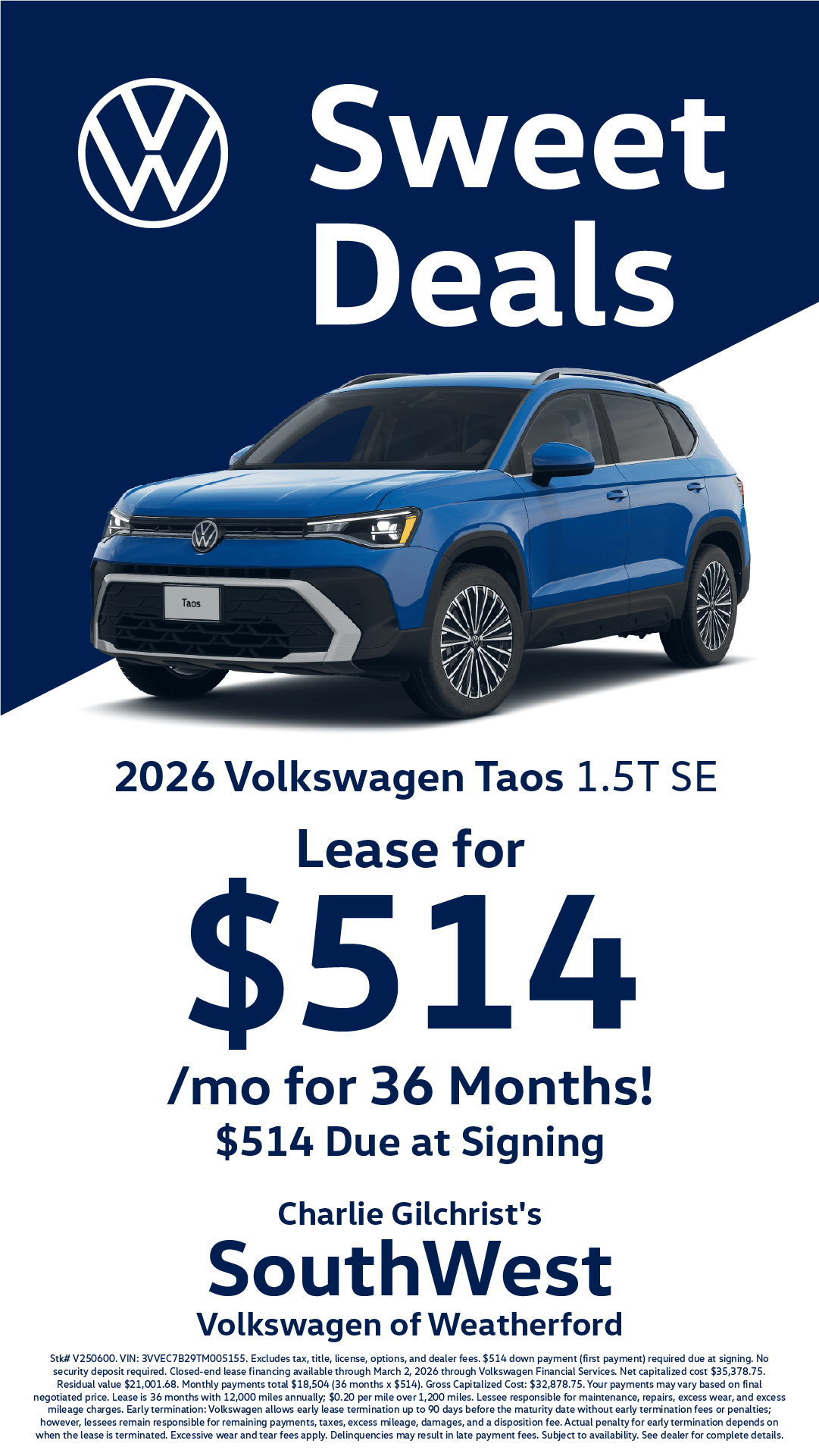 Shop $514/mo Lease Special on 2026 Volkswagen Taos 1.5T SE!