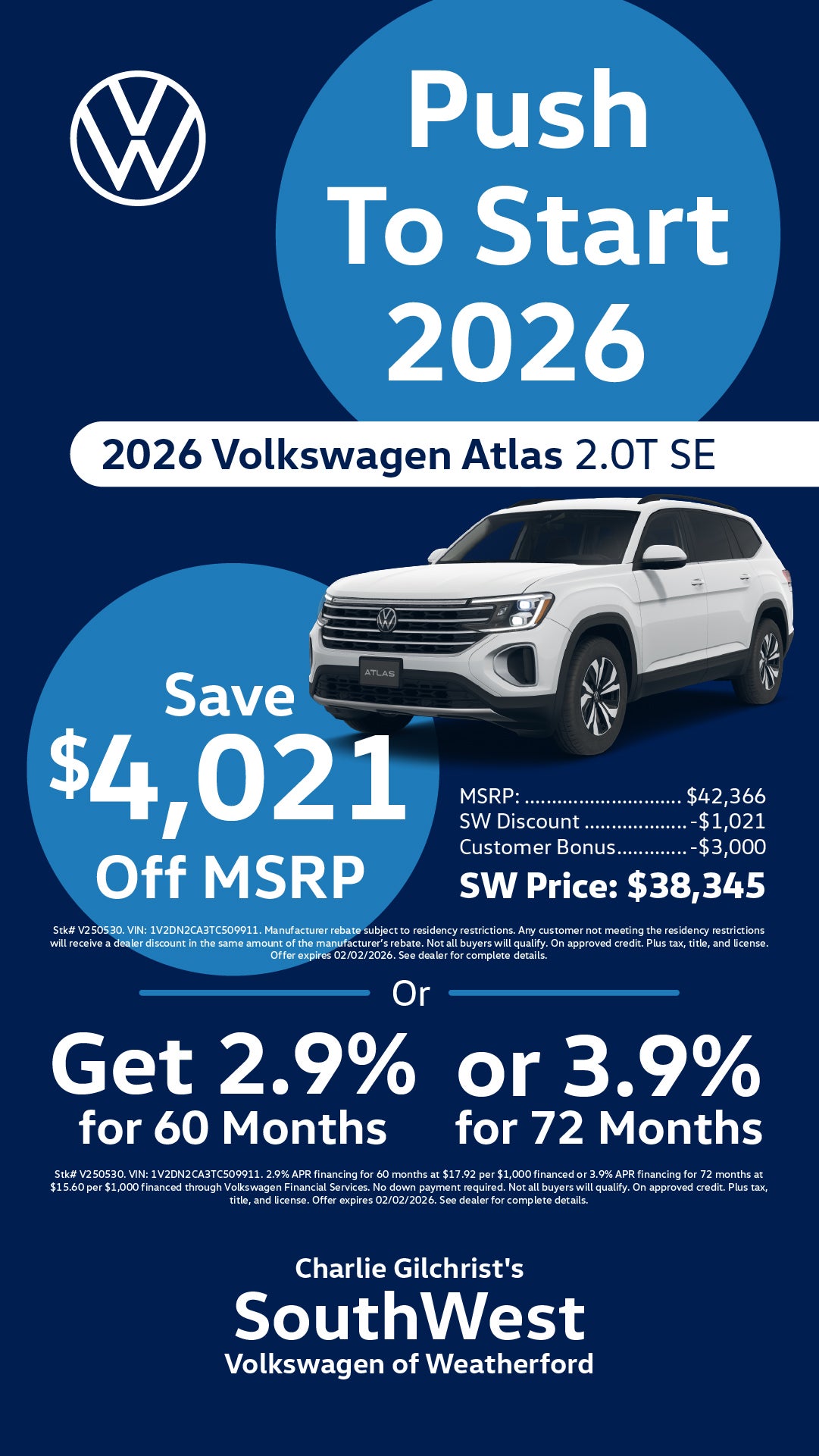 Shop $4,021 Off MSRP on 2026 Volkswagen Atlas 2.0T SE!