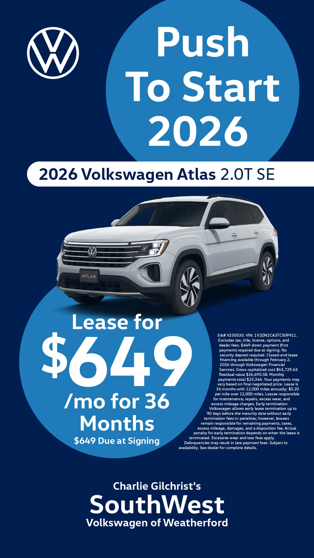 Shop $649/mo Lease Special on 2026 Volkswagen Atlas 2.0T SE!