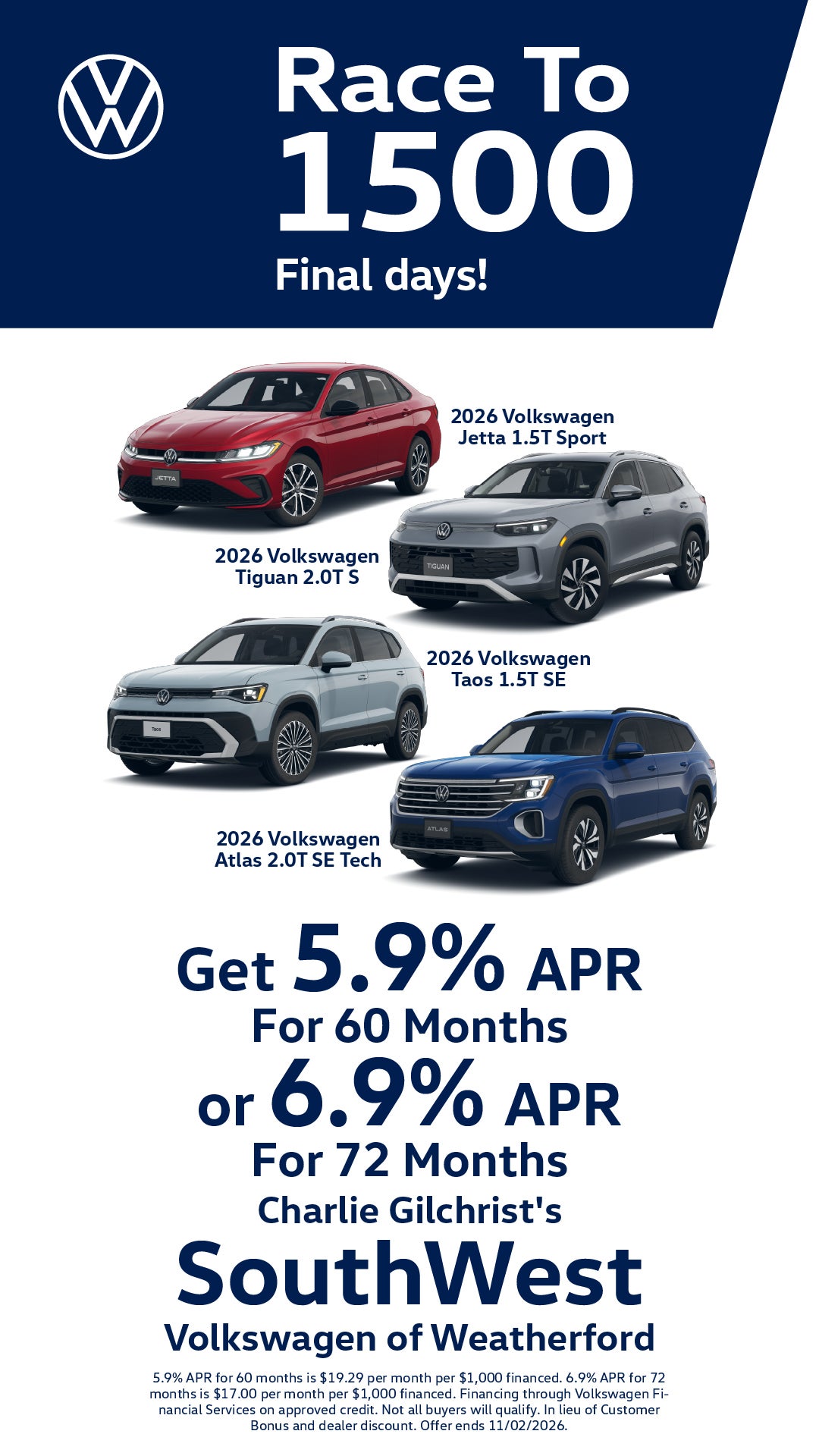 2026 Volkswagen Financing — 5.9% APR for 60 Months or 6.9% APR for 72 Months!
