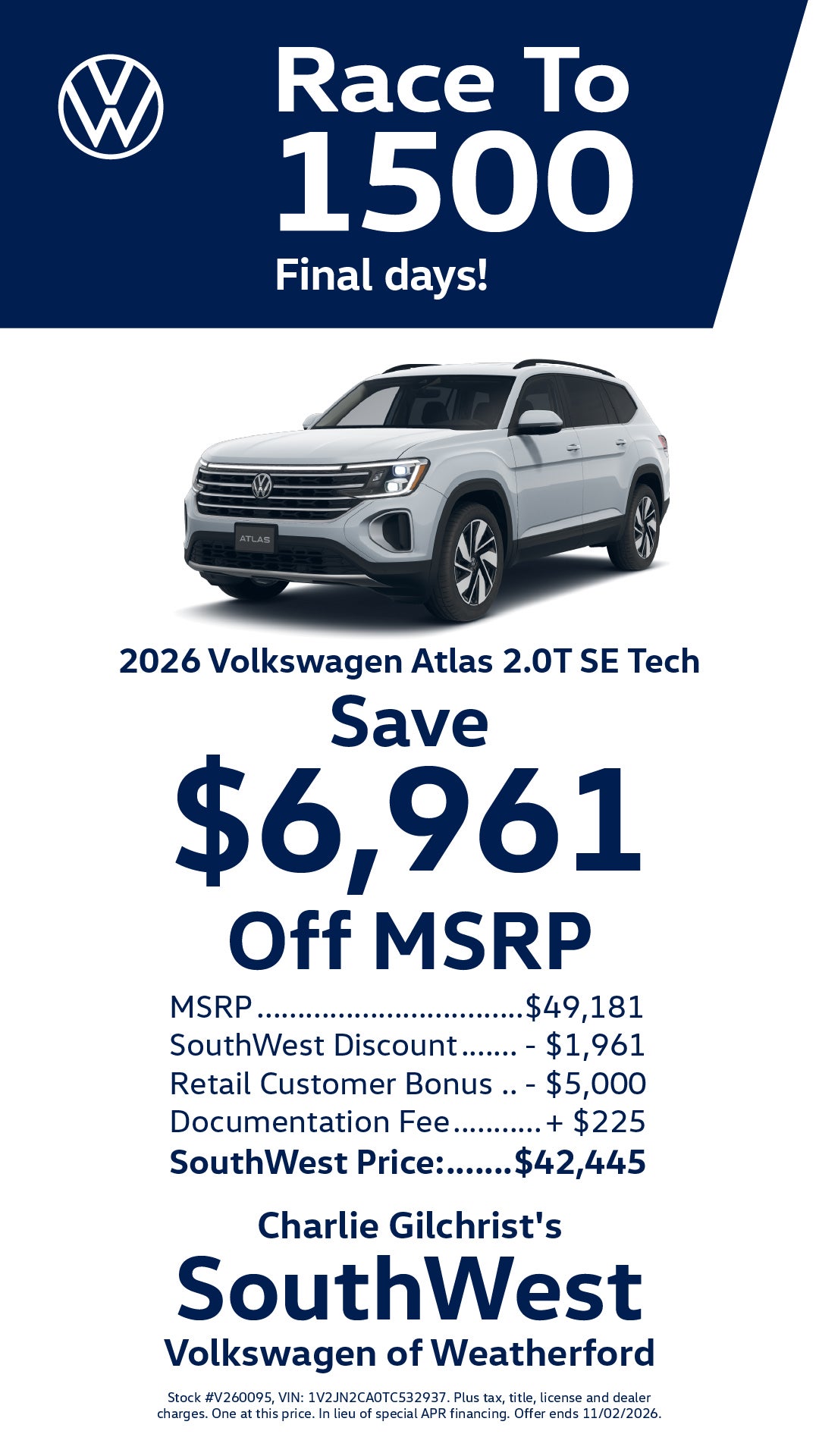 2026 Volkswagen Atlas SE Tech — Save $6,961 Off MSRP in Weatherford, TX!