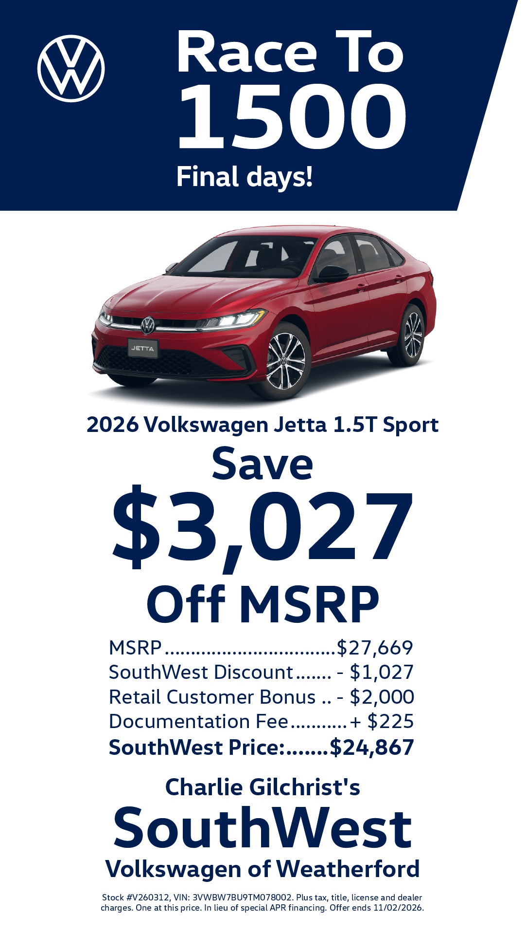 2026 Volkswagen Jetta Sport — Save $3,027 Off MSRP in Weatherford, TX