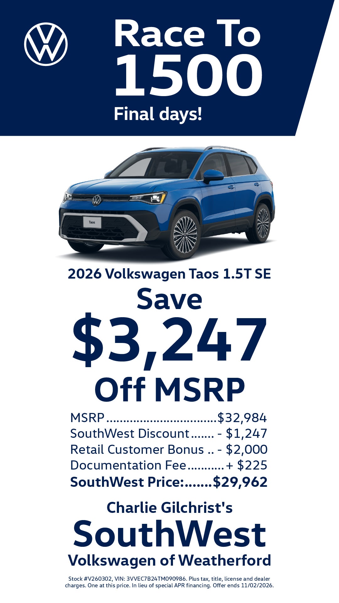2026 Volkswagen Taos SE — Save $3,247 Off MSRP in Weatherford, TX!