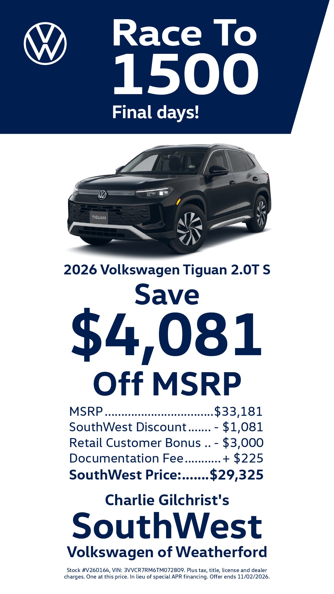 2026 Volkswagen Tiguan S — Save $4,081 Off MSRP in Weatherford, TX!